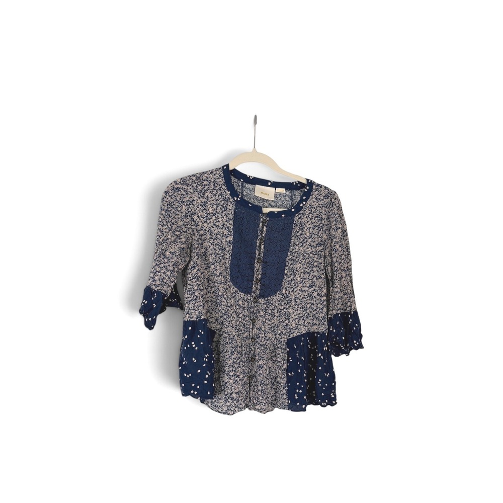 Maeve Anthropologie Blue Floral Lace Bib Button Down Blouse Size 4